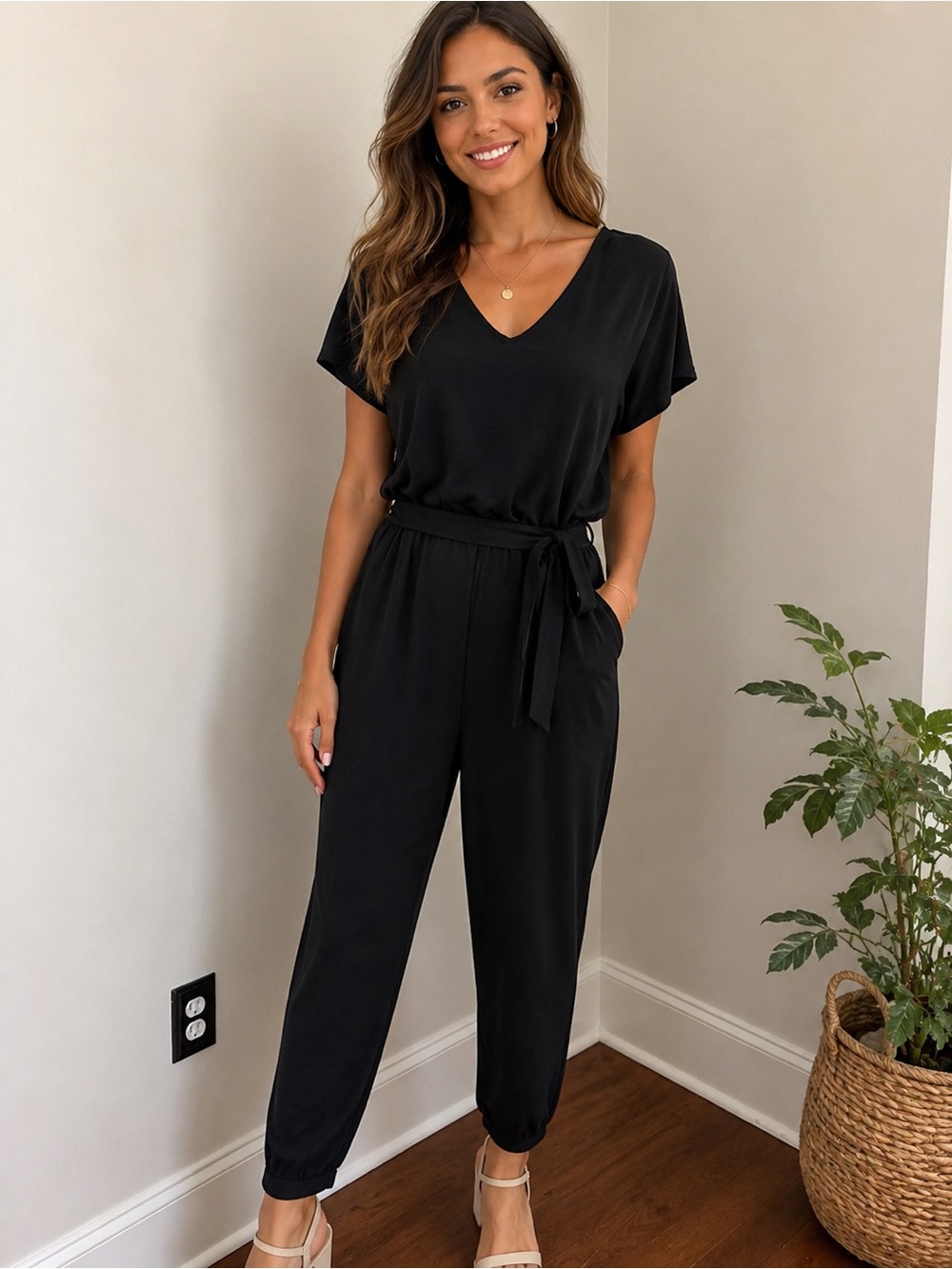 GAP Black V-Neck Tie-Waist Short-Sleeve Jumpsuit